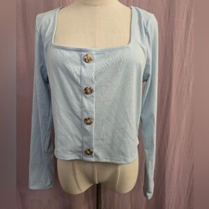 Wild Fable Square Neck Detail Button Crop Long Sleeve Shirt,Lt. BL- LARGE NWT!